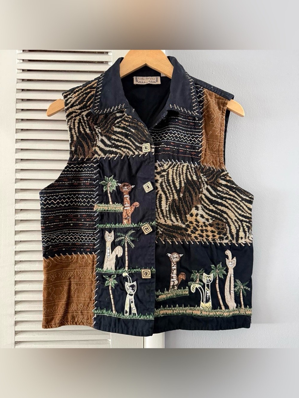 Vintage 70’s 80’s Life Style Cats Zebra Animal Pattern Tapestry Vest Womens L